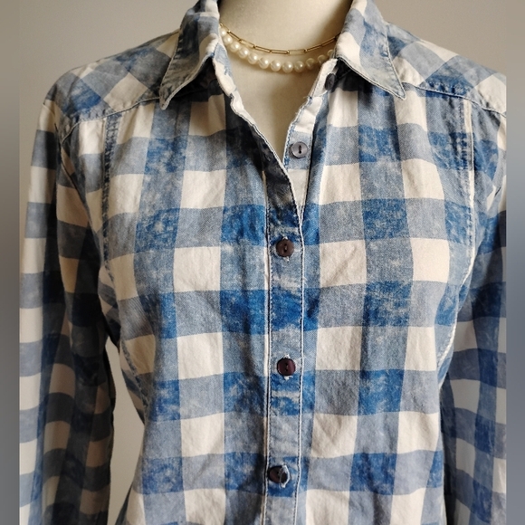 Scully 100% Cotton Blue White Gingham Button Up Shirt Ruffle Sleeve Size XL - Picture 1 of 14